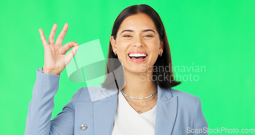 Image of Ok hands, face and happy woman on green screen, background and review of business support. Portrait of female employee, smile and okay for success, yes and bonus for perfect emoji, thank you and sign