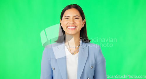 Image of Smile, business woman and face on green screen, studio and color background for confidence, happiness and pride. Portrait of happy young model, female employee and empowerment of professional worker