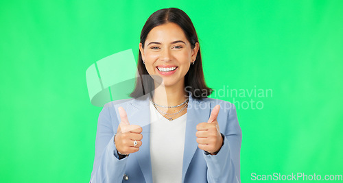 Image of Happy woman, hands and thumbs up on green screen for success, winning or agreement against a studio background. Portrait of business female showing thumb emoji, yes sign or like on chromakey mockup