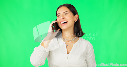 Image of Woman, smile and phone call on green screen, studio and background for communication, networking and chat. Happy female model talking on smartphone, mobile technology and conversation of contact