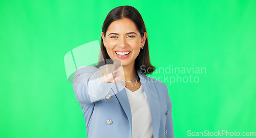 Image of Business woman, face and point at you by green screen with smile for recruitment, choice and hiring opportunity. Businesswoman, pointing and mock up portrait for human resources by studio background