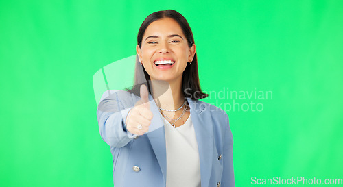 Image of Business woman, hand and thumbs up on green screen for agreement, winning or success against a studio background. Portrait of happy female showing thumb emoji, yes sign or like on chromakey mockup