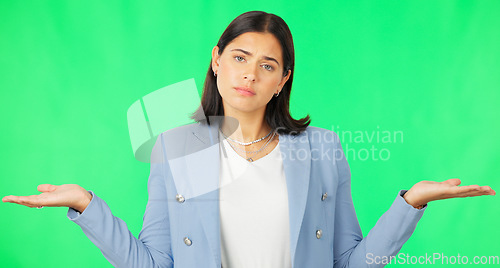 Image of Business woman, open hands and palm by green screen for choice, decision and confused face in studio. Young businesswoman, hand gesture and portrait for product placement with mock up by background