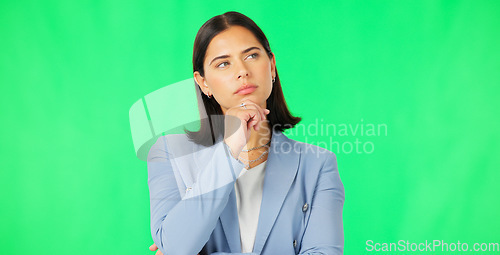 Image of Thinking, business and woman on green screen for ideas, questions and brainstorming. Female model, serious worker and daydream of solution, decision and planning memory, choice and visionary mindset