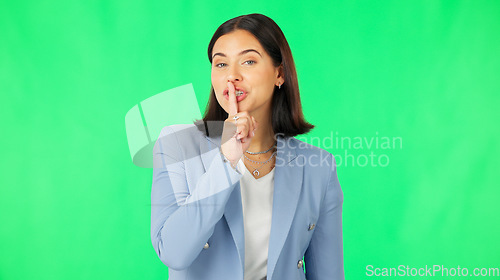 Image of Green screen, happy woman and secret wink of face, finger on lips and business privacy. Portrait of female model, silence and quiet employee smile for gossip, whisper emoji and trust in surprise deal