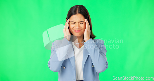 Image of Business woman, headache and pain on green screen, studio and stress of dizzy mind, mental health and brain fog. Frustrated female worker, migraine and anxiety of burnout, problems and fatigue face