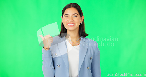 Image of Face, employee and woman pointing, green screen and happiness against a studio background. Portrait, female entrepreneur and happy consultant with suggestion, showing space and decision with branding