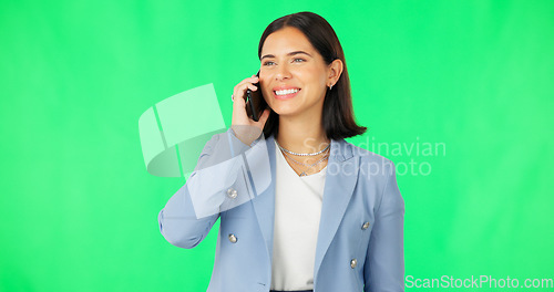 Image of Woman, business and happy for phone call, green screen and background of communication, negotiation and chat. Female worker, studio and smartphone of mobile conversation, hello and contact networking