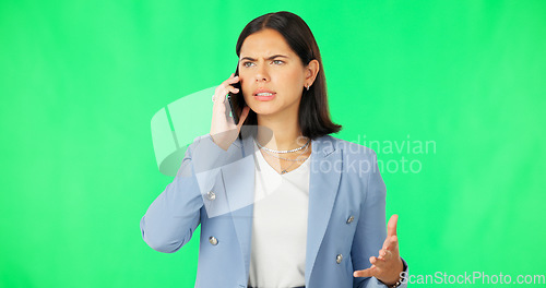 Image of Frustrated business woman on green screen, phone call and angry conversation with office conflict in studio. Anger, crisis and businesswoman with smartphone, crm conversation on problem or mistake.