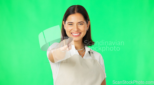 Image of You, green screen and woman pointing for promotion or promo isolated in a studio studio background. Deal, sale and portrait of female showing advertising, marketing and a choice or option