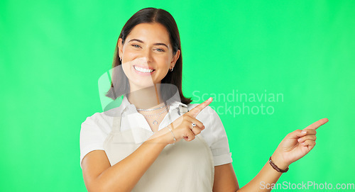 Image of Mock up, green screen and woman pointing at product placement space isolated in a studio studio background. Deal, sale and portrait of female showing advertising, marketing and a choice or option