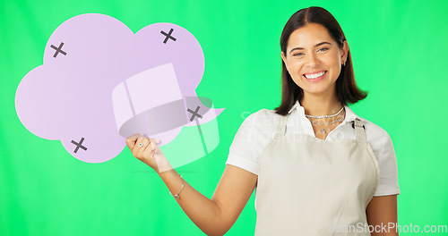 Image of Speech bubble, happy woman and face with marketing on green screen, mockup space and social media branding. Logo promo, tracking markers and female smile in portrait, advertising on studio background