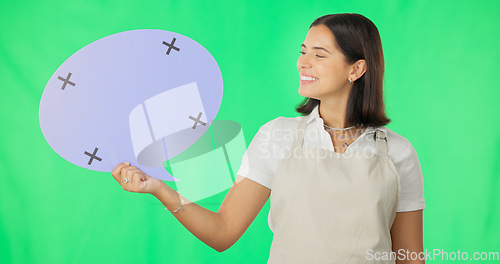 Image of Woman, speech bubble and smile on face by green screen studio for mockup, promo and social media. Girl, excited portrait and mock up poster for news, information and happy for branding by background