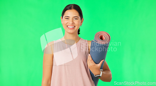 Image of Woman, face and smile with yoga and green screen, mockup space and fitness with pilates and exercise mat. Portrait, happy female and workout with happiness, laughing and training on studio background