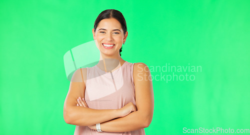 Image of Face, green screen and woman with arms crossed, exercise and confident girl against a studio background. Portrait, female athlete and person with confidence, workout and training for energy or cardio
