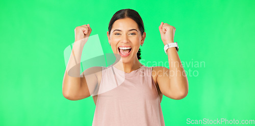 Image of Celebration, excited and face of woman on green screen for good news, winning and promotion in studio. Success, happy mockup and portrait of isolated girl point, cheering and clap hands for victory