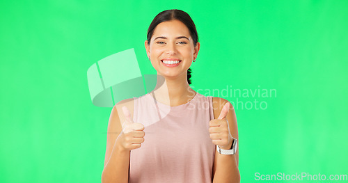 Image of Happy woman, hands and thumbs up on green screen for fitness, agreement or winning against a studio background. Portrait of sporty female showing thumb emoji, yes sign or like for good job on mockup