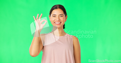 Image of Ok hands, face and happy woman on green screen, background and support of healthy fitness goals. Portrait of female model, sports athlete and okay of success, yes and perfect emoji, thank you or icon