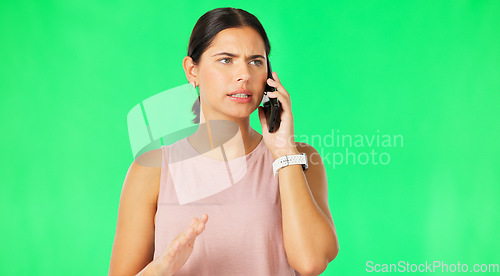Image of Phone call, fitness conversation and woman with green screen feeling angry and frustrated from crisis. Isolated, studio background and stress from a female model with mobile and communication problem