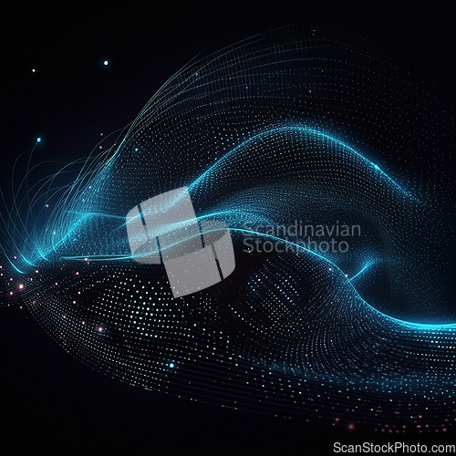 Image of Data, internet and futuristic background wave, with blue connection, abstract and technology illustration for big data, AI or a network or stream of communication, science or music. Blockchain, cloud