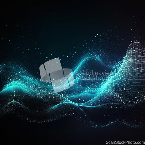 Image of Data, internet and futuristic background wave, with blue connection, abstract and technology illustration for big data, AI or a network or stream of communication, science or music. Blockchain, cloud