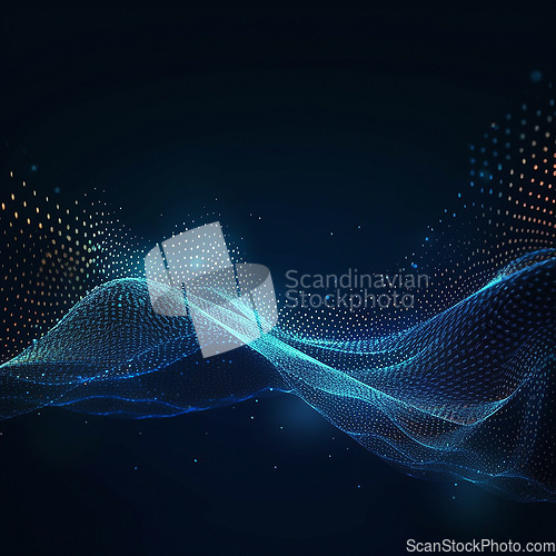 Image of Data, internet and futuristic background wave, with blue connection, abstract and technology illustration for big data, AI or a network or stream of communication, science or music. Blockchain, cloud