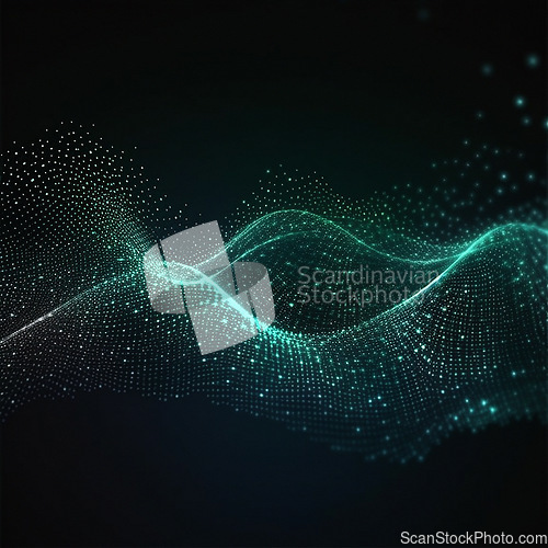 Image of Data, internet and futuristic background wave, with blue connection, abstract and technology illustration for big data, AI or a network or stream of communication, science or music. Blockchain, cloud