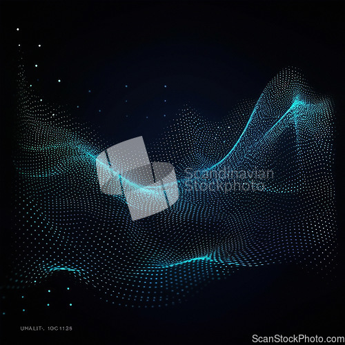 Image of Data, internet and futuristic background wave, with blue connection, abstract and technology illustration for big data, AI or a network or stream of communication, science or music. Blockchain, cloud