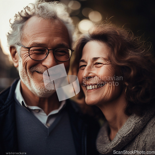 Image of Love, romance and senior couple with smile and bokeh on romantic evening celebration. Outdoor date, retirement and happy man with woman in relationship or ai generated marriage anniversary