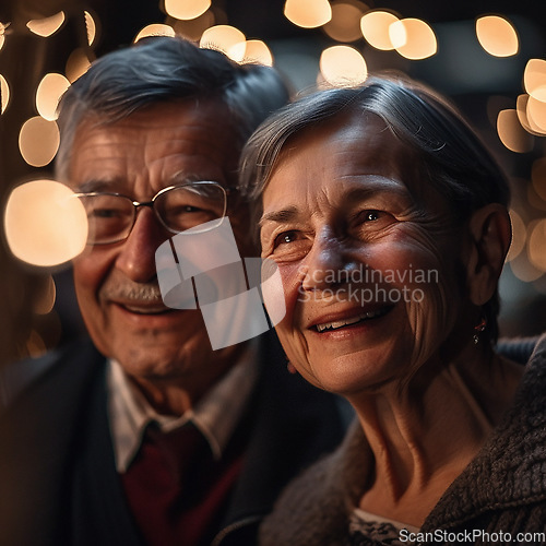 Image of Love, romance and old couple with smile and bokeh on romantic evening celebration together. Outdoor date, retirement and happy man with senior woman in relationship or ai generated marriage