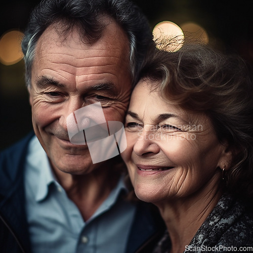 Image of Love, date at night and old couple with smile and bokeh on romantic evening celebration together. Romance, retirement and happy man with woman in relationship or ai generated marriage anniversary