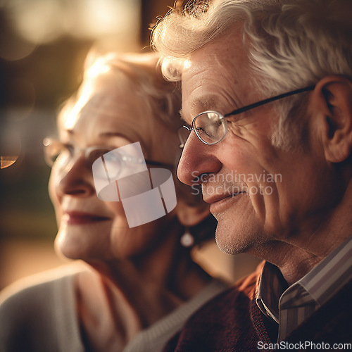 Image of Love, smile and mature couple with bokeh, glasses and romantic evening celebration in profile. Romance, retirement and face of happy man with senior woman in relationship or ai generated marriage