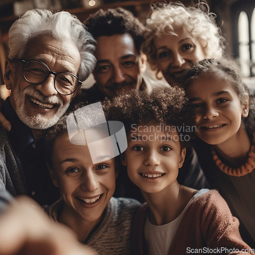 Image of Portrait, selfie and family smile for ai generated, futuristic app and 3d photo filter at home. Multicultural group, creative technology and augmented face of happy kids with grandparents for picture