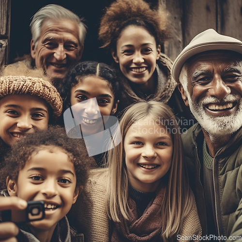 Image of Family, happy portrait and diversity selfie or smile with children, parents and grandparents bonding. Senior men, women and kid face group for ai generated care with love and happiness on holiday