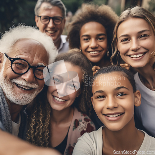 Image of Big family, portrait and diversity selfie or smile with children, parents and grandparents bonding. Senior man, woman and girl kid group for support, security and time with love and care on holiday