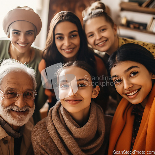 Image of Portrait, indian family with a senior man and grandchildren in the living room of a home during a visit. Love, happy and a grandfather posing together with a group of girl relatives in their house