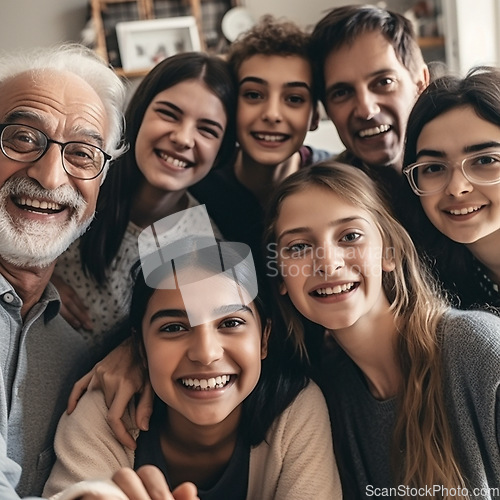 Image of Face, family portrait and smile selfie with children, parents and grandparents bonding. Senior man and kid or people happy together for support, security and time with love and care ai generated