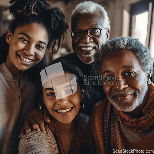 Image of Selfie, portrait and black family with smile at home for digital art, futuristic app and 3d creative photo. Happy, grandparents and children faces in picture, ai generated people or augmented filter