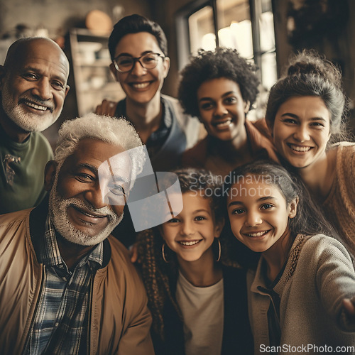 Image of Big family, portrait and smile selfie with children, parents and diversity grandparents bonding. Senior men, women and kids group happy for support, home and quality time in love or care ai generated