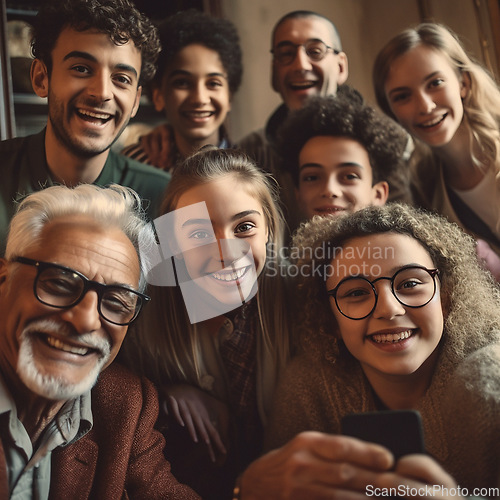 Image of Happy, selfie and portrait of family smile at home for bonding, relaxing and quality time together. Multicultural, generations and ai generated faces of children, parents and grandparents for picture