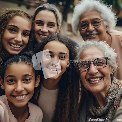 Image of Big family, happy portrait and selfie or smile on faces with children, mother and grandparents bonding. Senior man, woman and girl kid for support and quality time with ai generated love and care