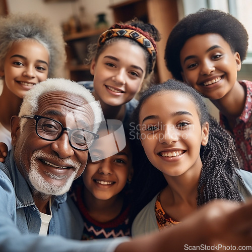 Image of Happy portrait, family and diversity selfie or smile with children and grandpa bonding. Senior man and girl in group with faces for support in their ai generated home for quality time with love