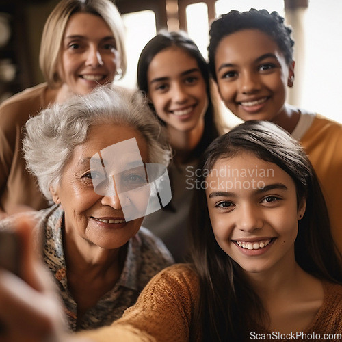 Image of Selfie, smile and portrait of women in home for relaxing, bonding and quality time together. Big family, multicultural generations and faces of happy people smile for ai generated picture together