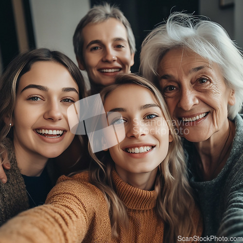 Image of Selfie, portrait and grandparents, parents and children in home for bonding, quality time and relax in living room. Big family, face of happy women smile together for ai generated picture in house