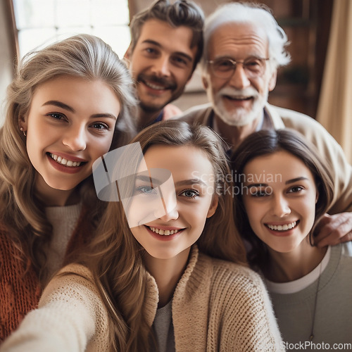 Image of Portrait selfie of grandparents, parents and children at home for relaxing, bonding and quality time. Big family, multicultural and faces of happy people smile for ai generated picture together