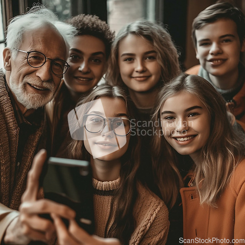 Image of Family, smile portrait and selfie with children, mother and grandpa bonding. Senior man, woman and teenage kid group happy for support, security and home quality time or love and ai generated care