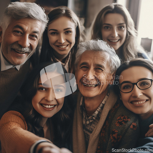 Image of Smile, selfie and portrait of family in home for relaxing, bonding and together on weekend. Retirement, love and happy faces of ai generated grandparents, parents and kids take picture for memory