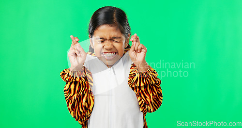 Image of Hope, excited and a girl with a gesture on a green screen isolated on a studio background. Wish, hopeful and a child with excitement, hoping and making a wish with fingers crossed on a backdrop