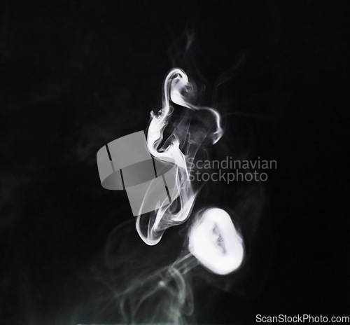 Image of Smoke ring png, transparent background and studio with abstract grey pollution swirl with cloud. Fog, art and steam pattern in the air with isolated, smoking effect and incense creativity