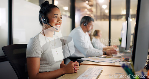 Image of Contact us, telemarketing and crm, black woman in customer service with headset and smile on face. Happy to help, call center agent or sales consultant on phone call, support and consulting online.